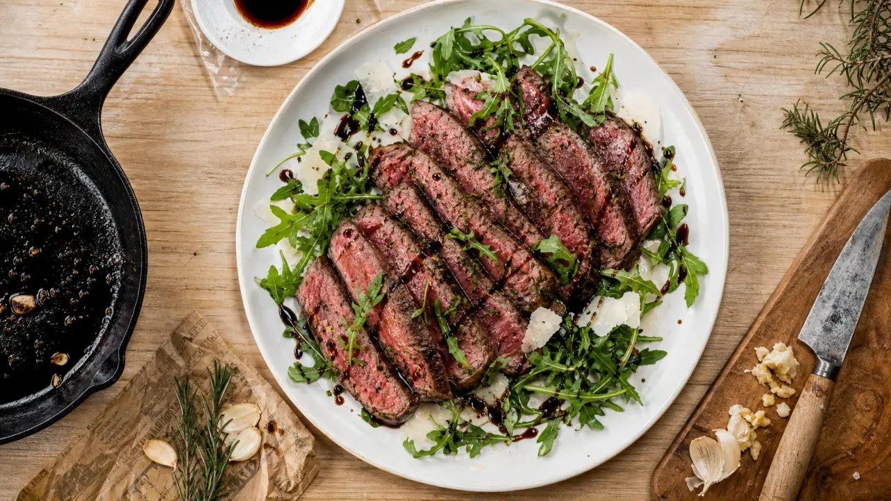 Tagliata de bœuf en fines tranches sur lit de roquette avec copeaux de parmesan et filet de balsamique