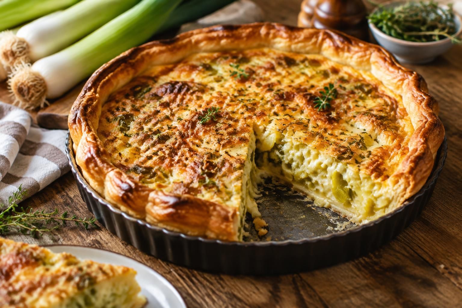 Quiche au poireau dorée à la pâte brisée, coupée en parts dans un moule à tarte