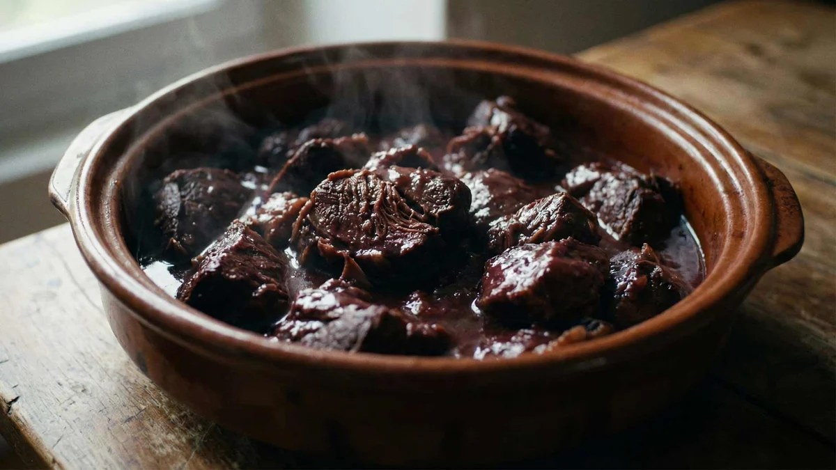 Daube de sanglier mijotée dans une cocotte en fonte avec carottes, olives et bouquet garni