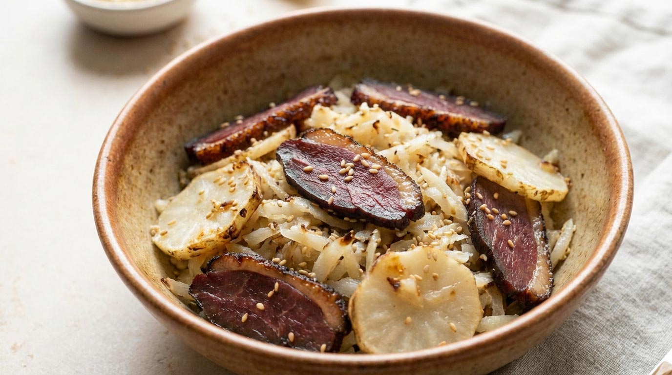 Topinambours rôtis au four avec herbes fraîches dans un plat