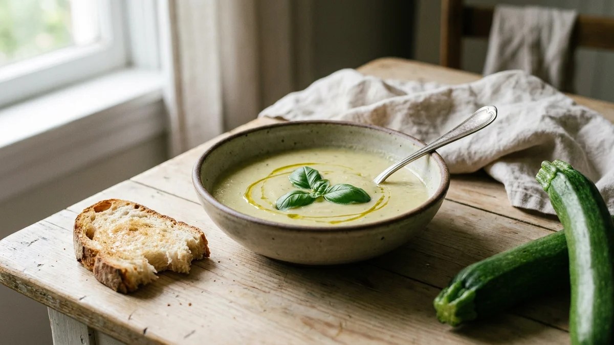 Bol de velouté de courgettes crémeux avec herbes fraîches