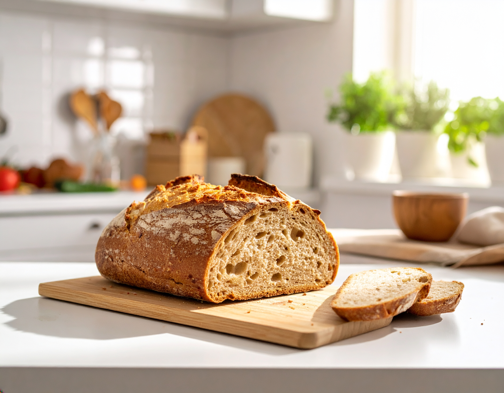 Pain maison rond à la croûte dorée posé sur une planche en bois