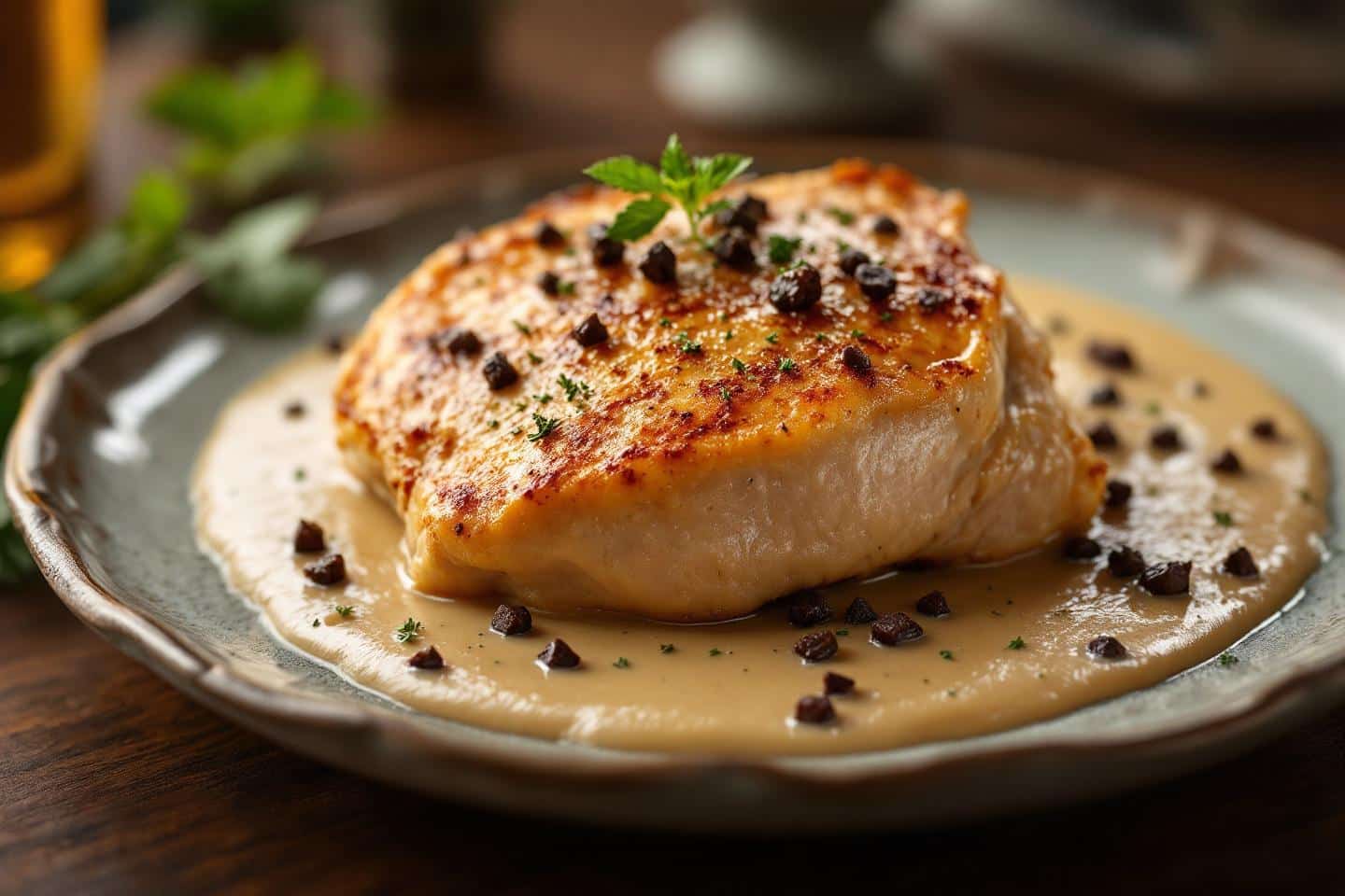 Sauce aux morilles crémeuse nappant une escalope de veau
