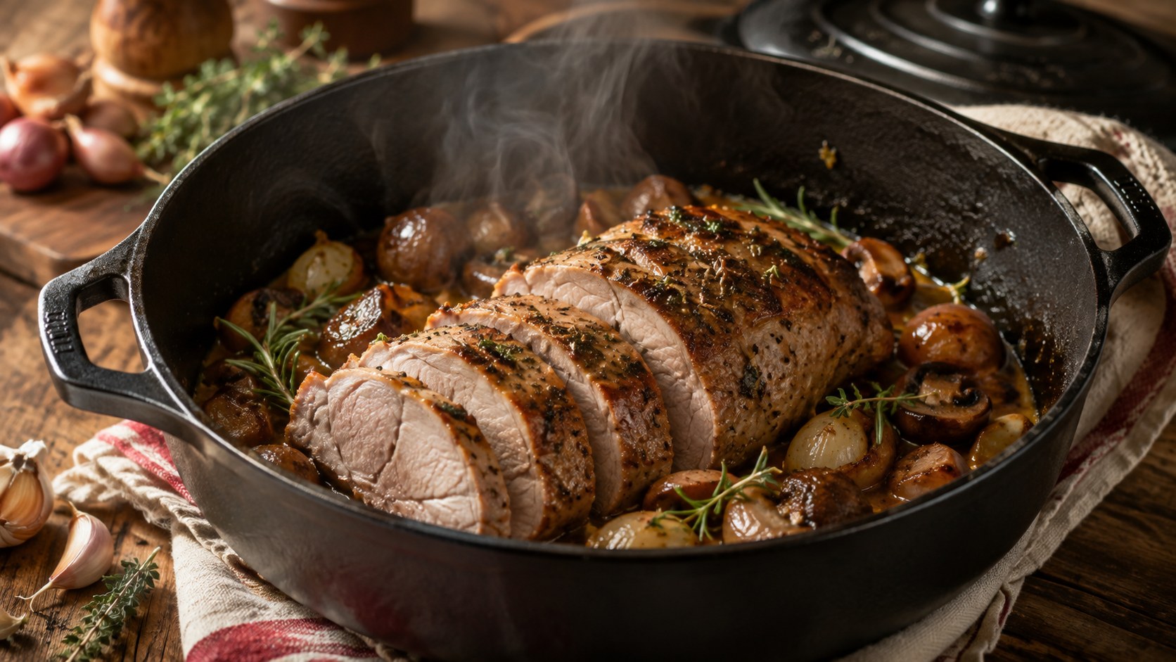 Filet mignon de porc doré dans une cocotte en fonte avec oignons et pommes de terre