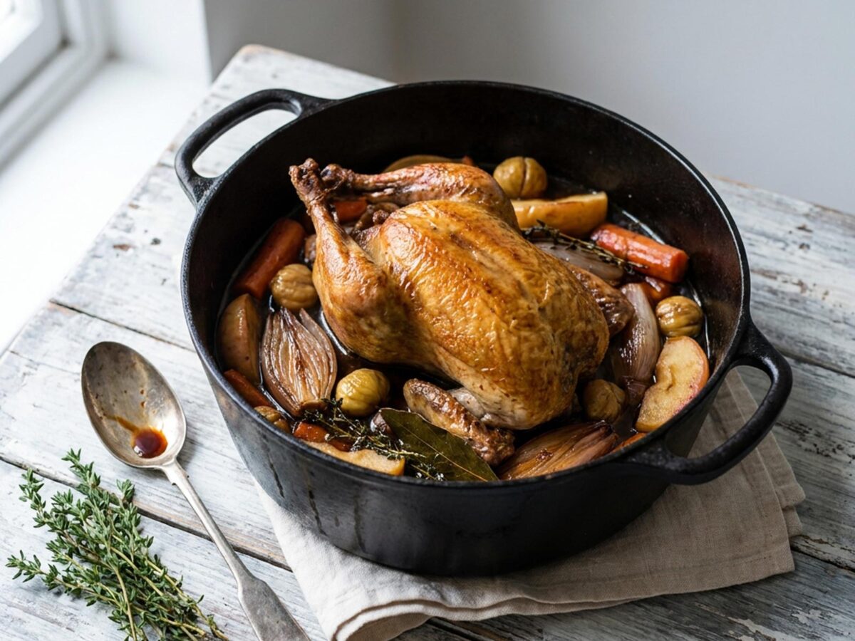 Pintade dorée mijotée en cocotte en fonte avec carottes, ail en chemise et thym