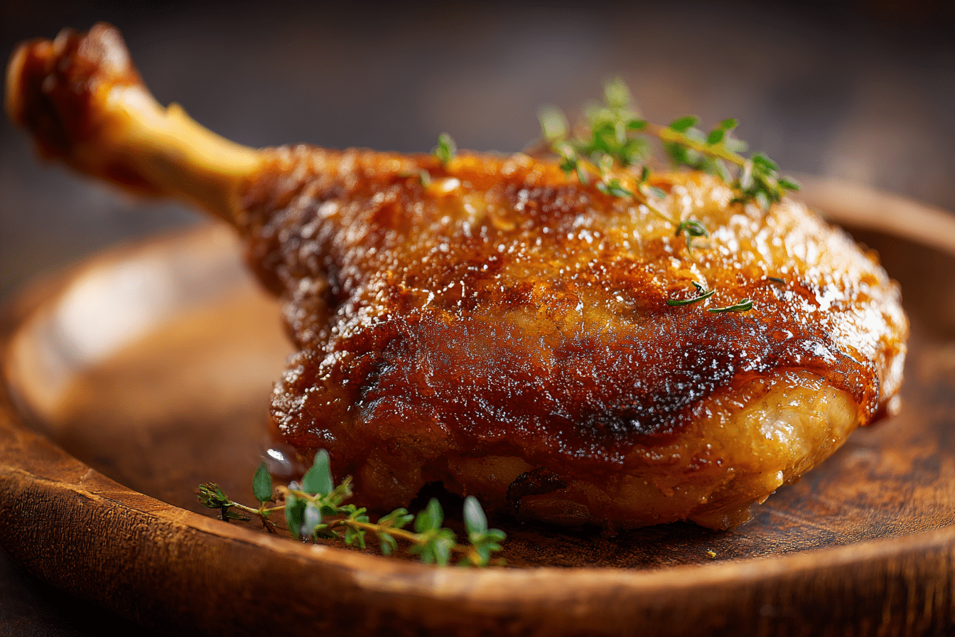 Manchons de canard confits dorés servis dans un plat en fonte